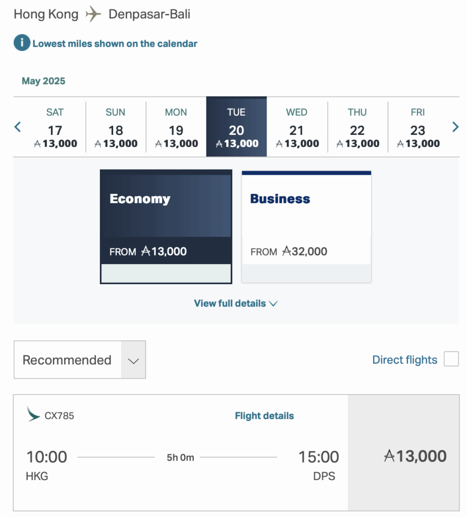Screenshot of HKG-DPS on Cathay Pacific. 